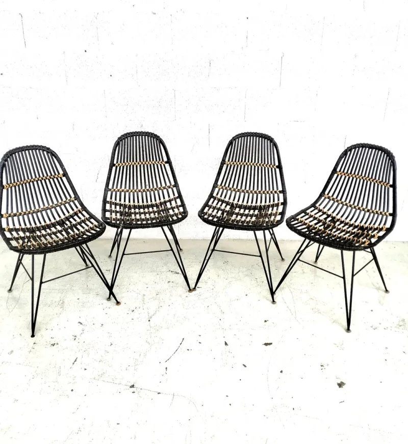 Pamono Rattan and Metal Chairs, 1960s, Set of 4> Garden Seating