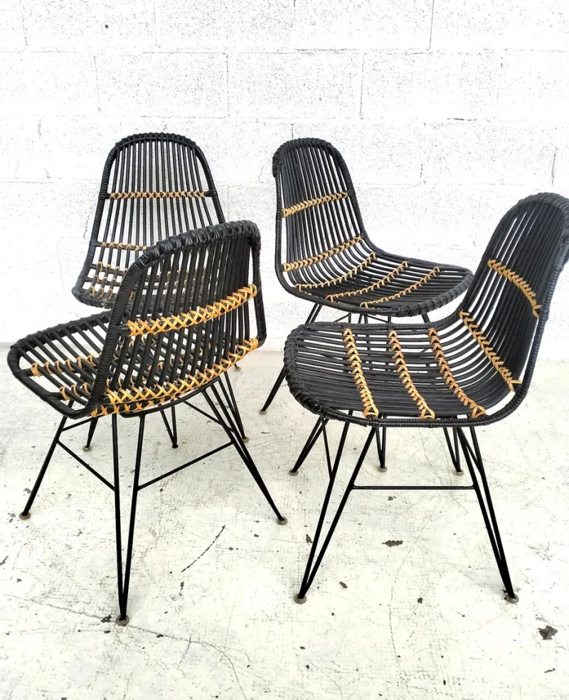 Pamono Rattan and Metal Chairs, 1960s, Set of 4> Garden Seating