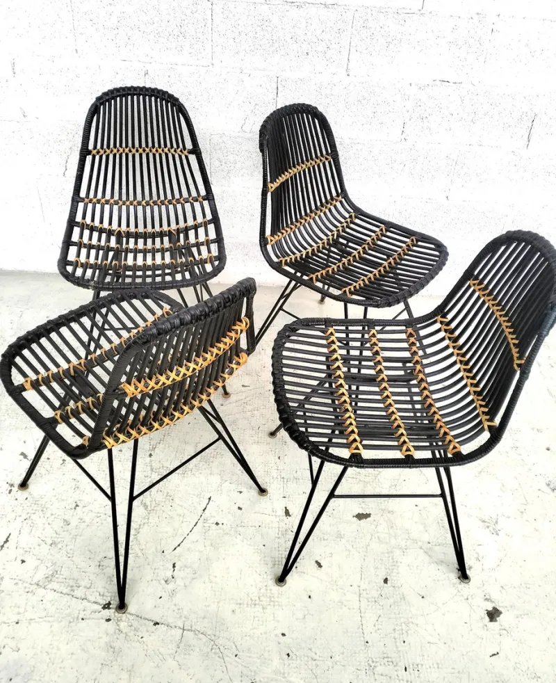 Pamono Rattan and Metal Chairs, 1960s, Set of 4> Garden Seating