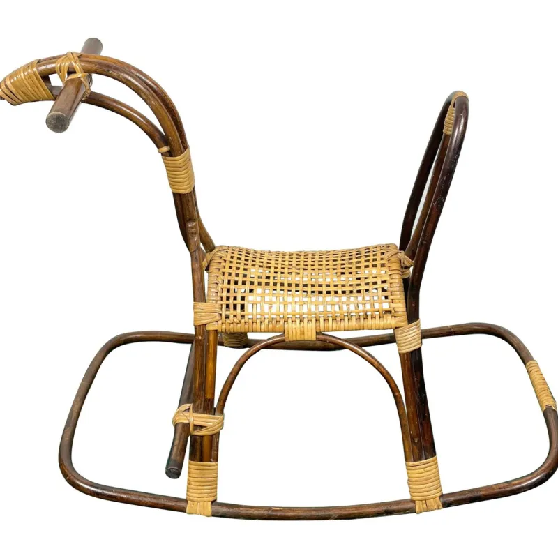 Pamono Rattan Bamboo & Wicker Rocking Horse Toy, Italy, 1960> Rocking Chairs