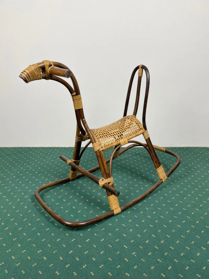 Pamono Rattan Bamboo & Wicker Rocking Horse Toy, Italy, 1960> Rocking Chairs