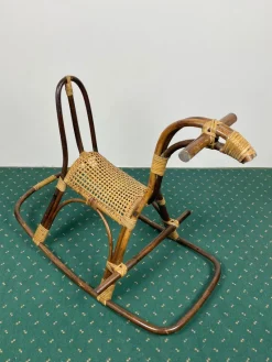 Pamono Rattan Bamboo & Wicker Rocking Horse Toy, Italy, 1960><noscript><img width=