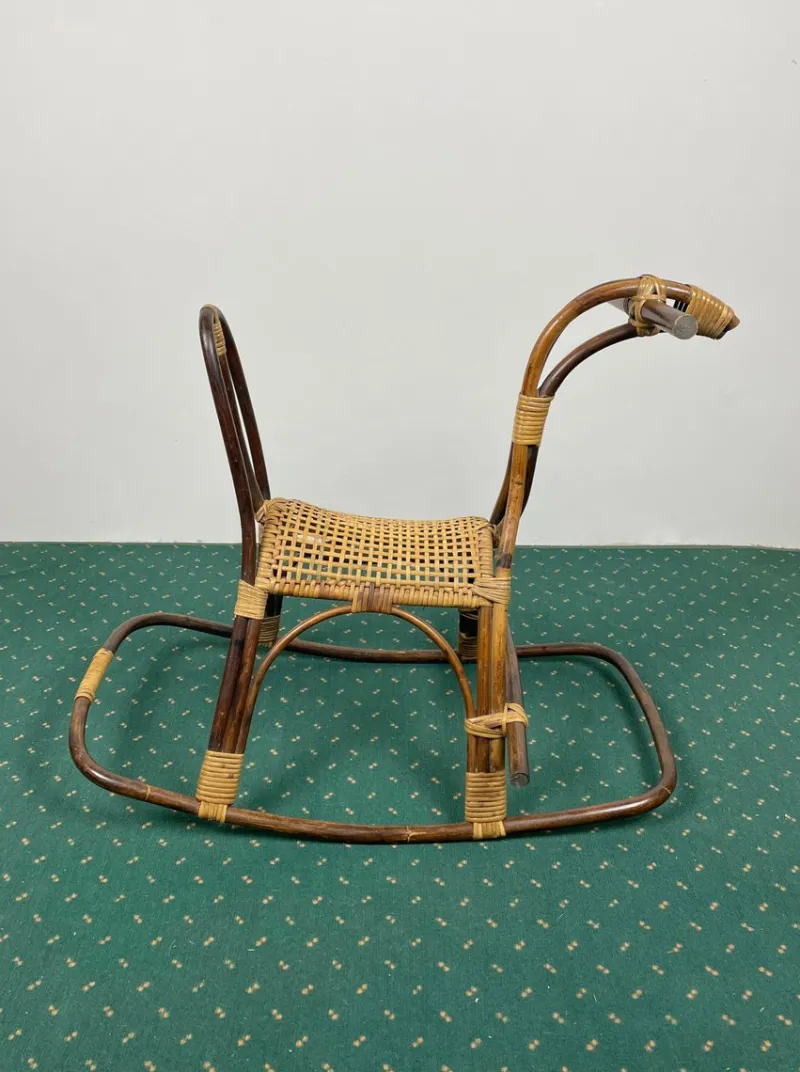 Pamono Rattan Bamboo & Wicker Rocking Horse Toy, Italy, 1960> Rocking Chairs