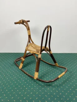 Pamono Rattan Bamboo & Wicker Rocking Horse Toy, Italy, 1960><noscript><img width=
