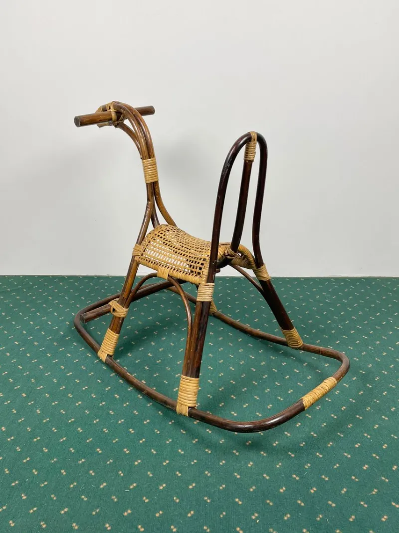 Pamono Rattan Bamboo & Wicker Rocking Horse Toy, Italy, 1960> Rocking Chairs