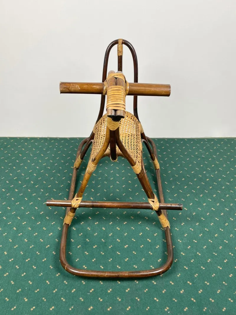 Pamono Rattan Bamboo & Wicker Rocking Horse Toy, Italy, 1960> Rocking Chairs