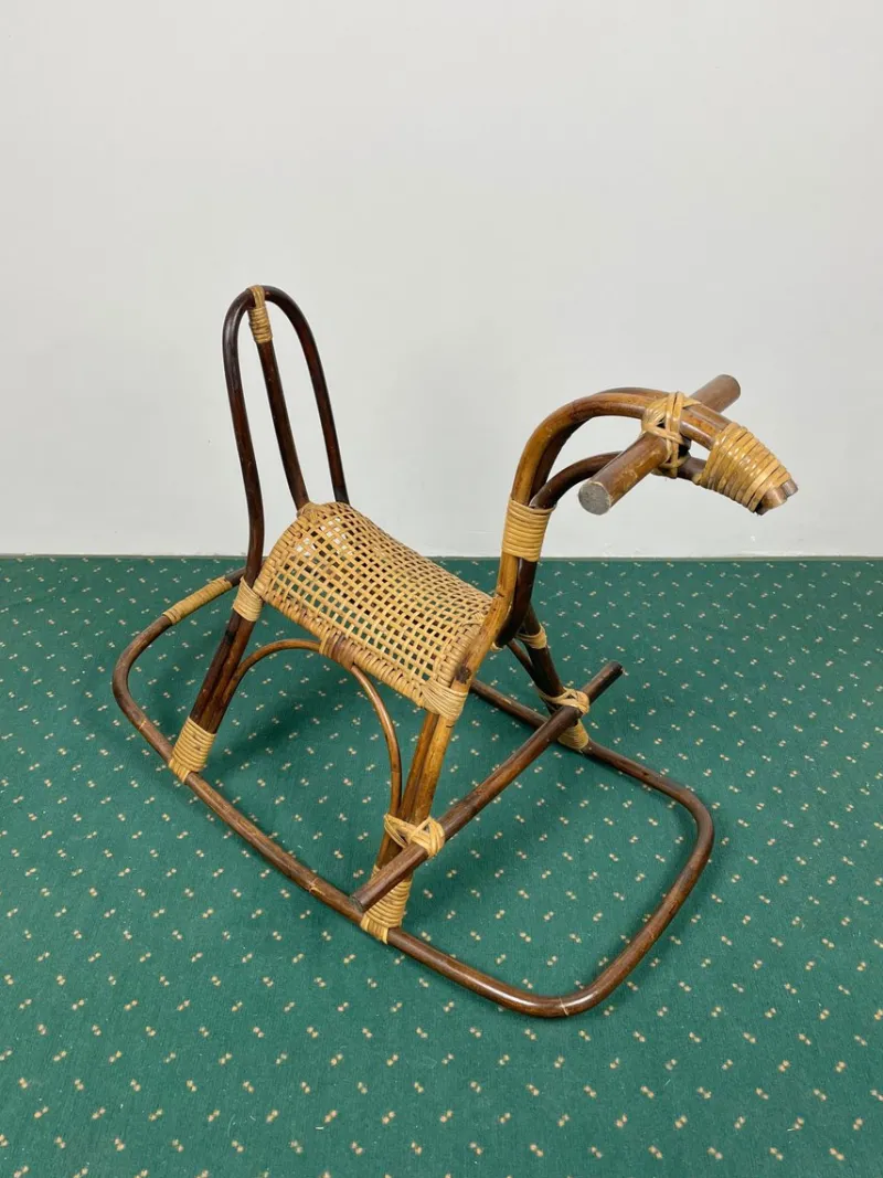 Pamono Rattan Bamboo & Wicker Rocking Horse Toy, Italy, 1960> Rocking Chairs
