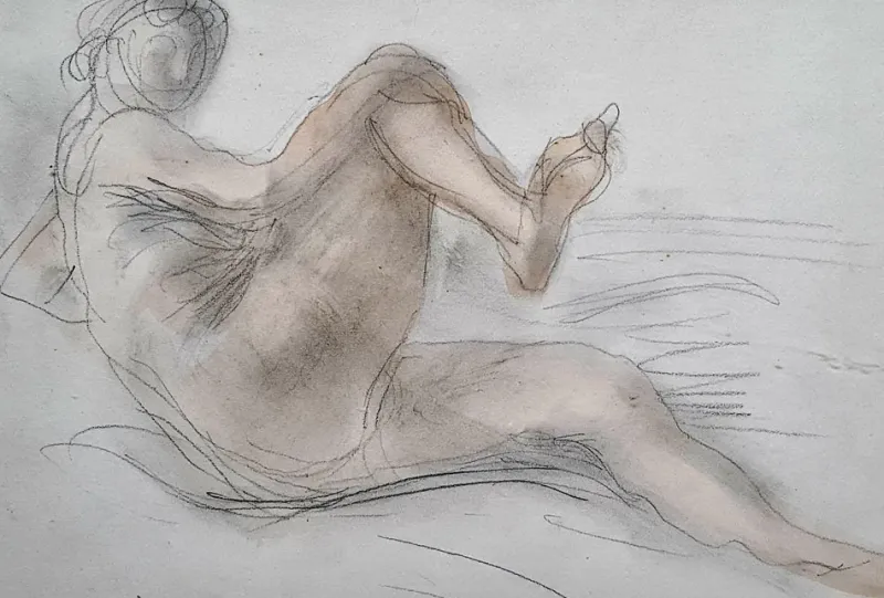 Clearance Pamono Raymond Martin after Rodin, Reclining Female Nude, 1960s, Pencil & Watercolor on Paper