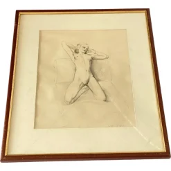 Sale Pamono Raymond van Doren, Art Deco Nude, 1941, Drawing on Paper, Framed
