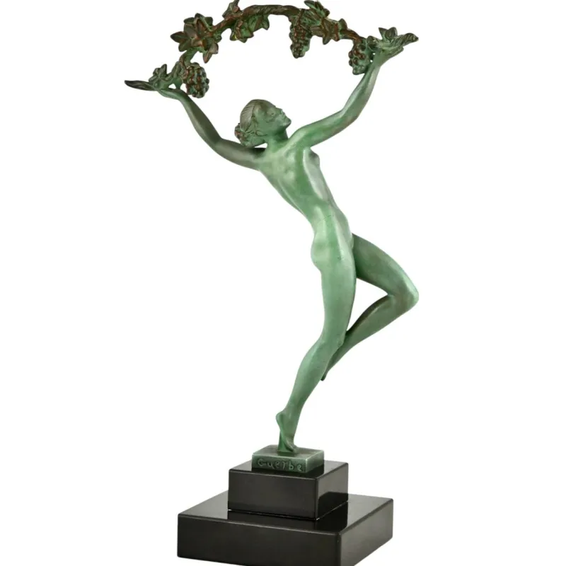 Clearance Pamono Raymonde Guerbe, Art Deco Dancer with Grapes, Griserie, 1930, Metal with Marble Base