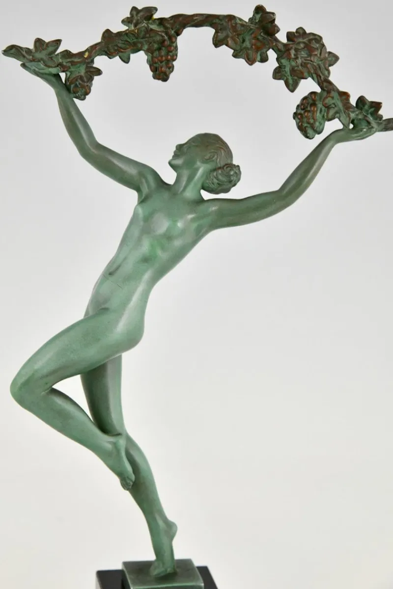 Clearance Pamono Raymonde Guerbe, Art Deco Dancer with Grapes, Griserie, 1930, Metal with Marble Base