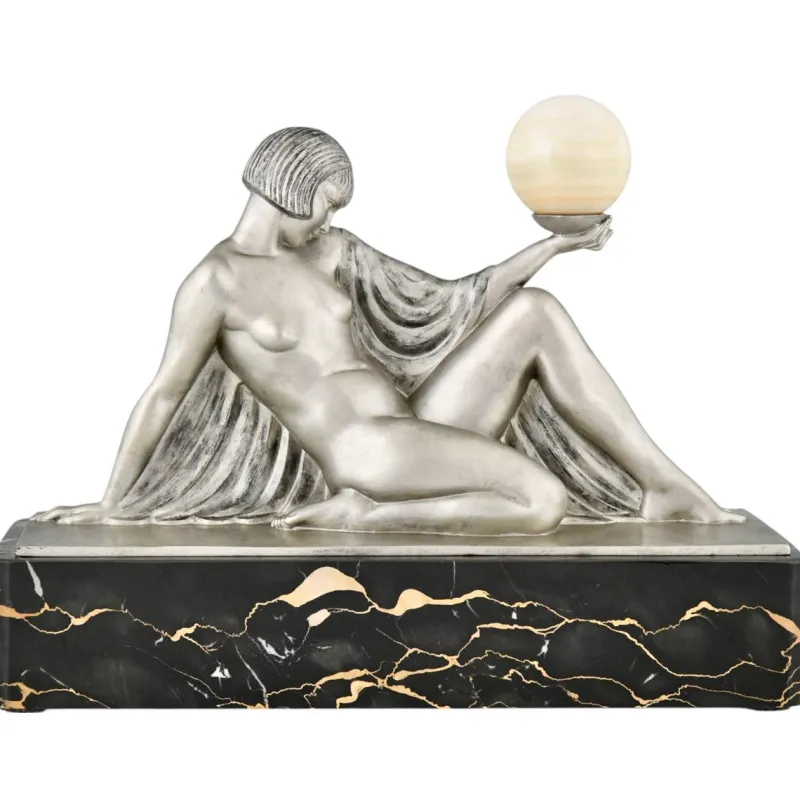 Pamono Raymonde Guerbe, Art Deco Seated Lady Holding a Ball, 1930s, Metal with Onyx Base> Art Deco