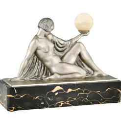 Pamono Raymonde Guerbe, Art Deco Seated Lady Holding a Ball, 1930s, Metal with Onyx Base> Art Deco