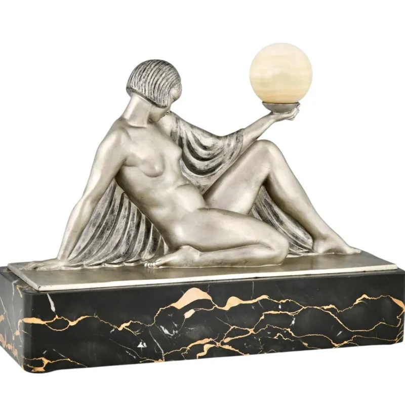 Pamono Raymonde Guerbe, Art Deco Seated Lady Holding a Ball, 1930s, Metal with Onyx Base> Art Deco