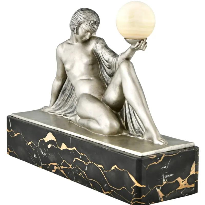 Pamono Raymonde Guerbe, Art Deco Seated Lady Holding a Ball, 1930s, Metal with Onyx Base> Art Deco