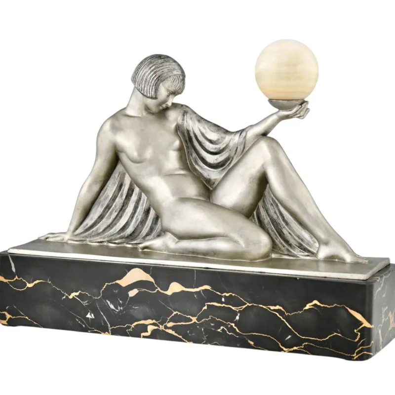 Pamono Raymonde Guerbe, Art Deco Seated Lady Holding a Ball, 1930s, Metal with Onyx Base> Art Deco