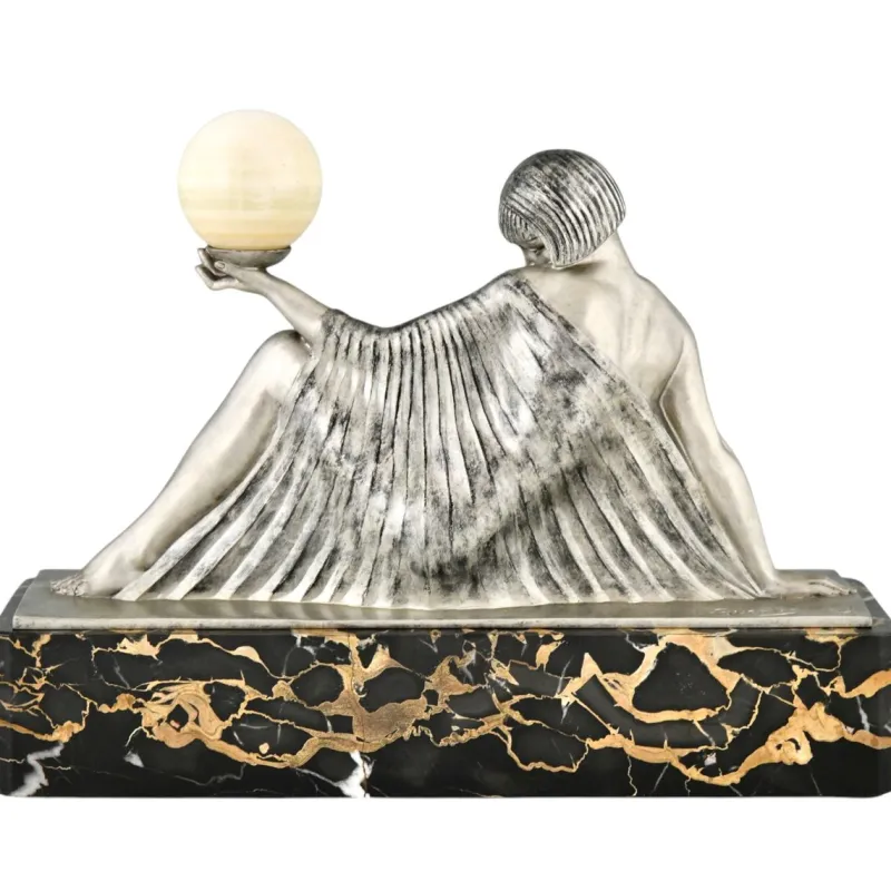 Pamono Raymonde Guerbe, Art Deco Seated Lady Holding a Ball, 1930s, Metal with Onyx Base> Art Deco