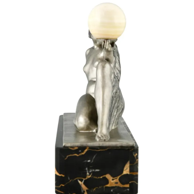 Pamono Raymonde Guerbe, Art Deco Seated Lady Holding a Ball, 1930s, Metal with Onyx Base> Art Deco