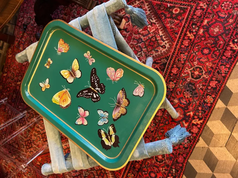 Pamono Rectangular Tray in Enameled Metal and Hand-Decorated Butterflies by Les Ottomans> Tabletop|Trays