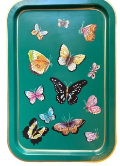 Pamono Rectangular Tray in Enameled Metal and Hand-Decorated Butterflies by Les Ottomans><noscript><img width=
