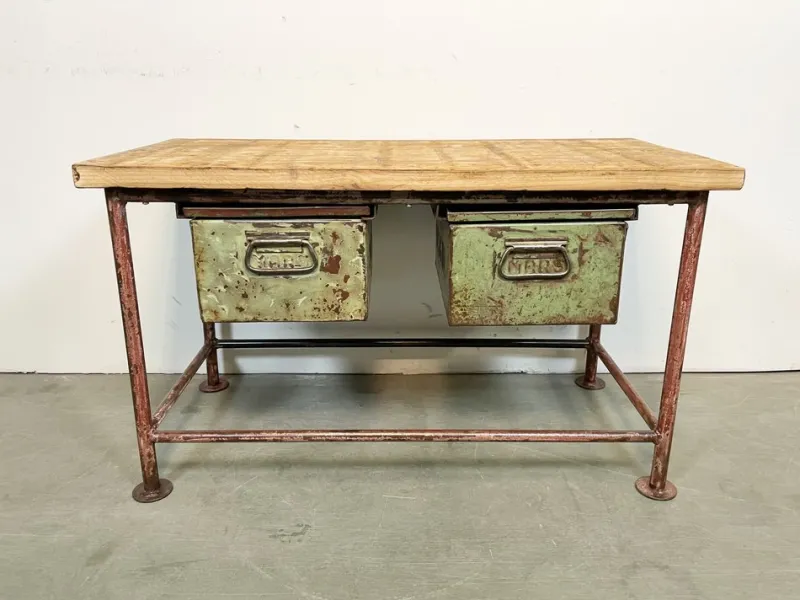 Pamono Red Industrial Worktable with Two Green Iron Drawers, 1960s> Worktables & Workbenches