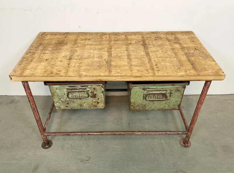 Pamono Red Industrial Worktable with Two Green Iron Drawers, 1960s> Worktables & Workbenches