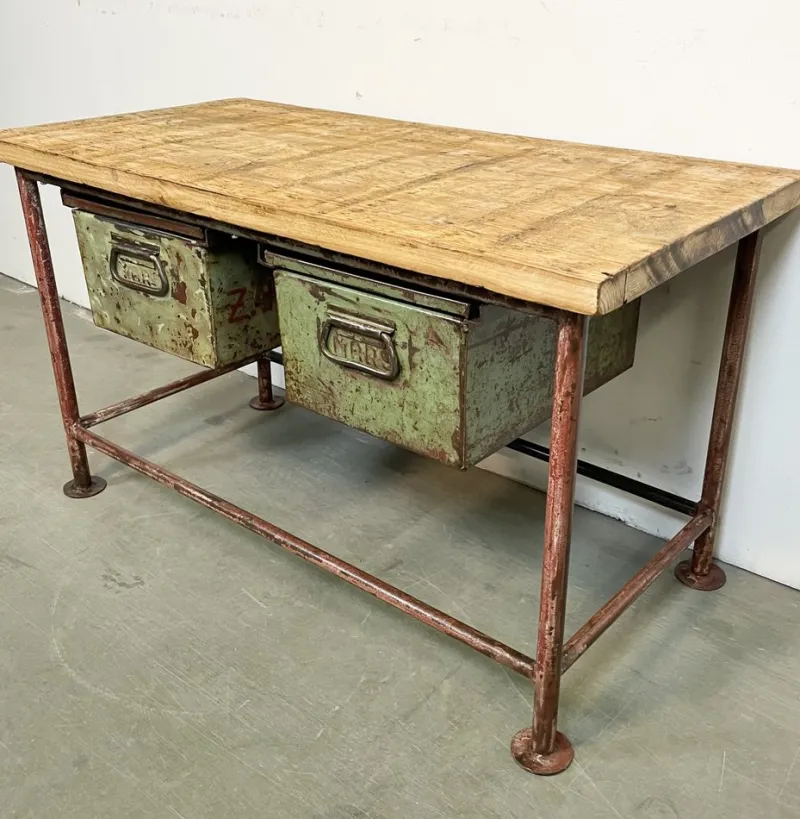 Pamono Red Industrial Worktable with Two Green Iron Drawers, 1960s> Worktables & Workbenches