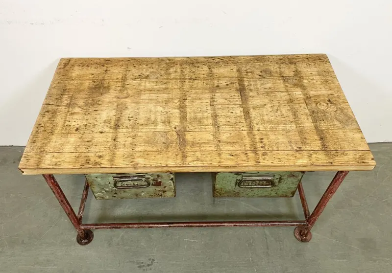 Pamono Red Industrial Worktable with Two Green Iron Drawers, 1960s> Worktables & Workbenches