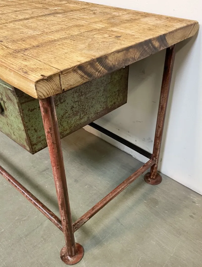 Pamono Red Industrial Worktable with Two Green Iron Drawers, 1960s> Worktables & Workbenches