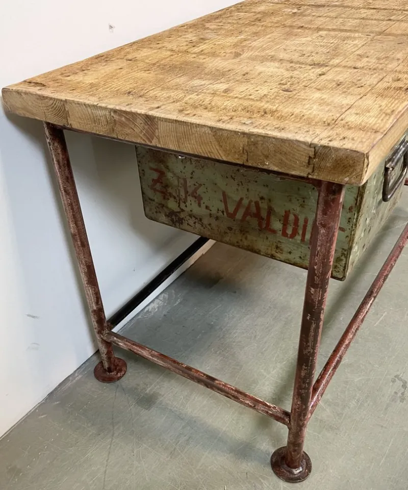 Pamono Red Industrial Worktable with Two Green Iron Drawers, 1960s> Worktables & Workbenches