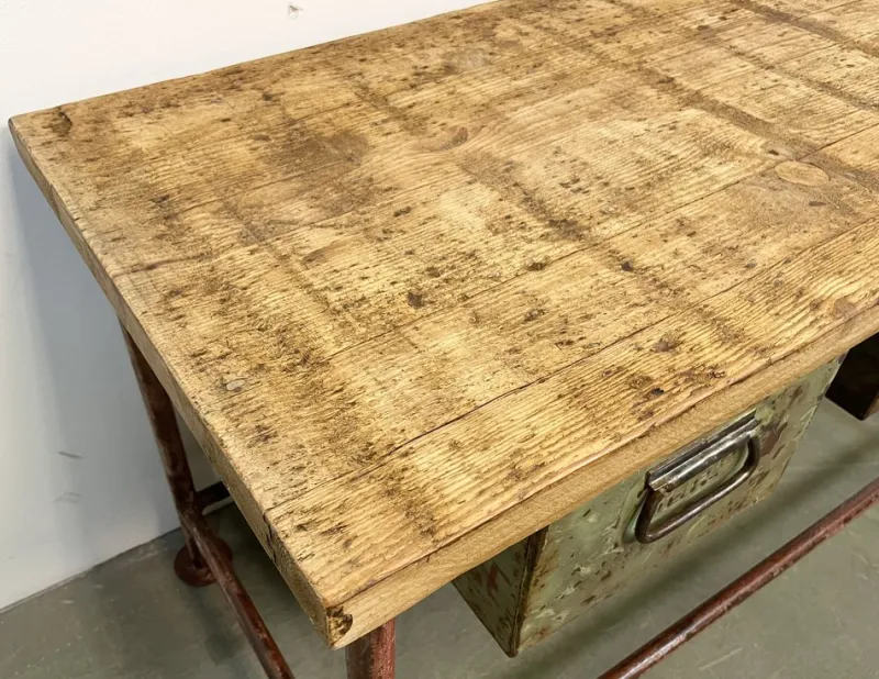 Pamono Red Industrial Worktable with Two Green Iron Drawers, 1960s> Worktables & Workbenches