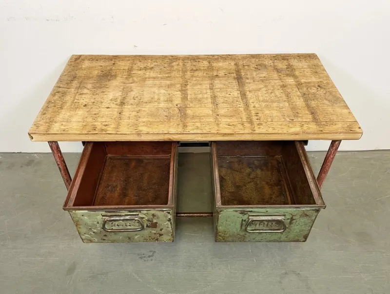 Pamono Red Industrial Worktable with Two Green Iron Drawers, 1960s> Worktables & Workbenches