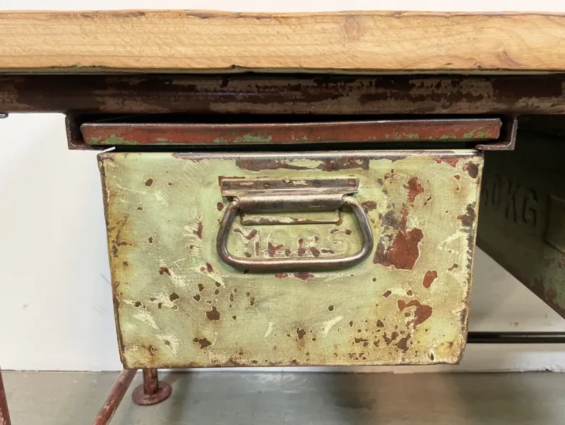 Pamono Red Industrial Worktable with Two Green Iron Drawers, 1960s> Worktables & Workbenches