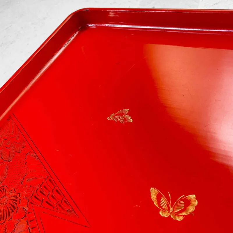 New Pamono Red Lacquered Tray with Embossed Decoration, Japan, 1930s