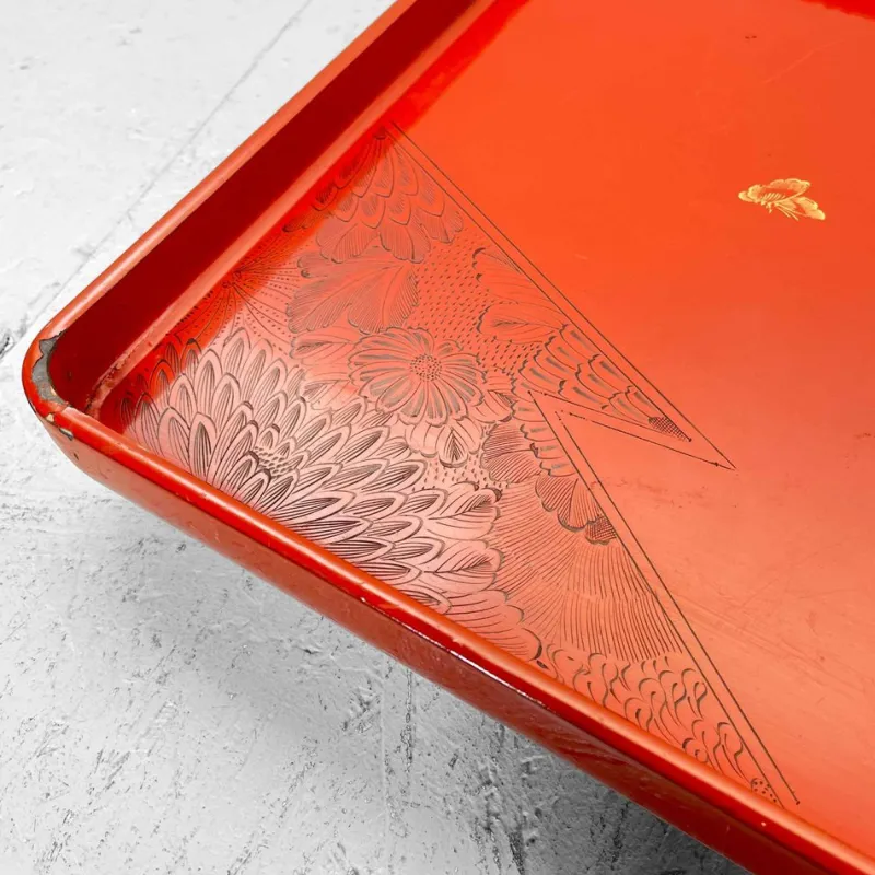 New Pamono Red Lacquered Tray with Embossed Decoration, Japan, 1930s