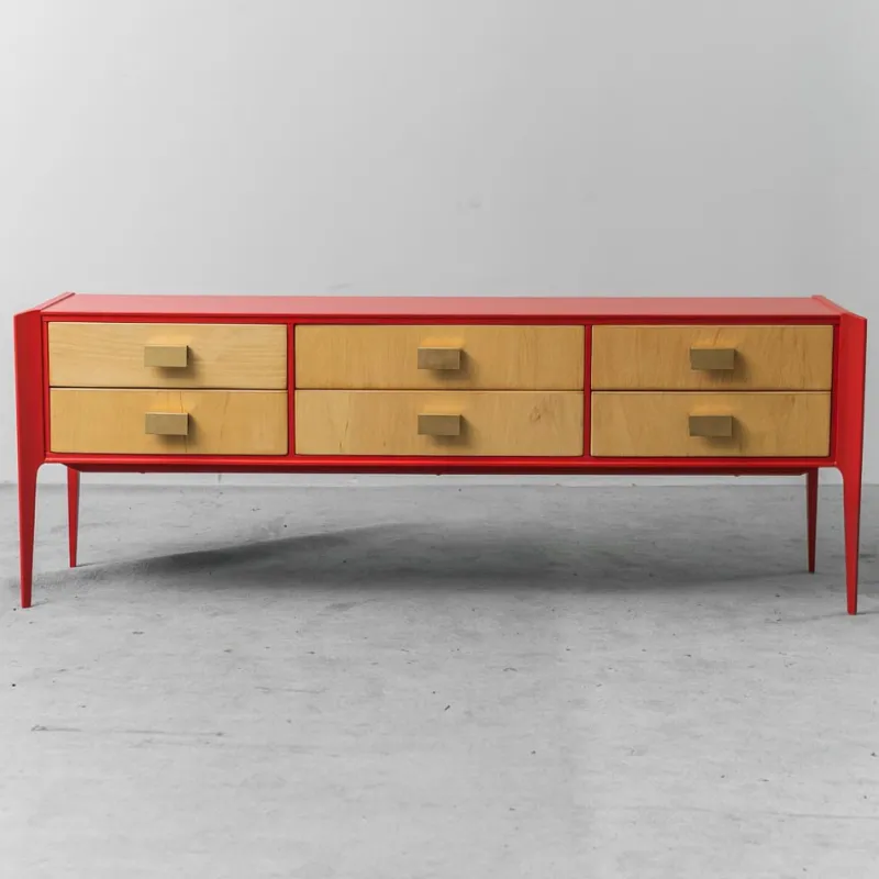 New Pamono Red Wooden Chest of Drawers, 1960s