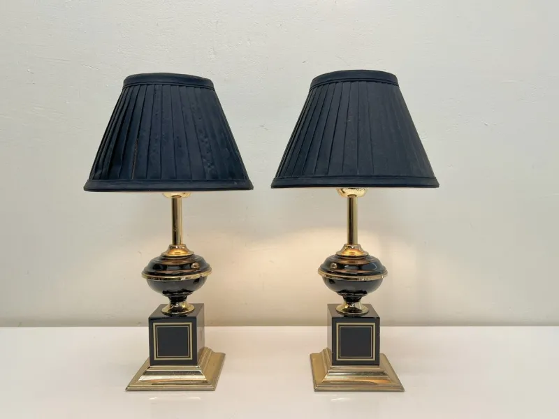 New Pamono Regency Brass and Black Table Lamps in the style of Le Dauphin, 1970s, Set of 2
