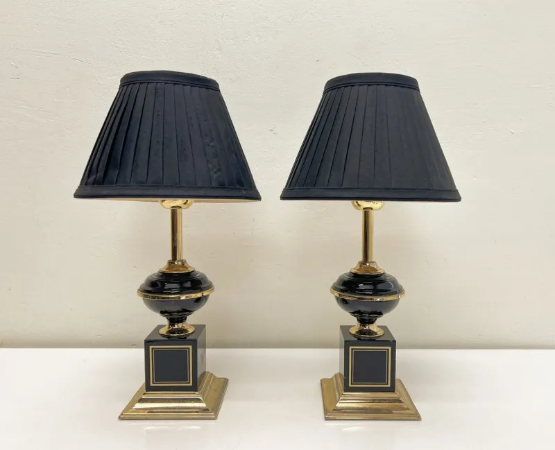 New Pamono Regency Brass and Black Table Lamps in the style of Le Dauphin, 1970s, Set of 2