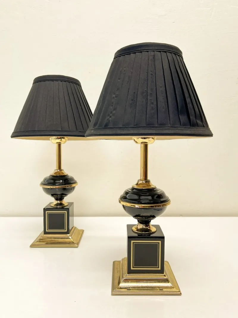 New Pamono Regency Brass and Black Table Lamps in the style of Le Dauphin, 1970s, Set of 2