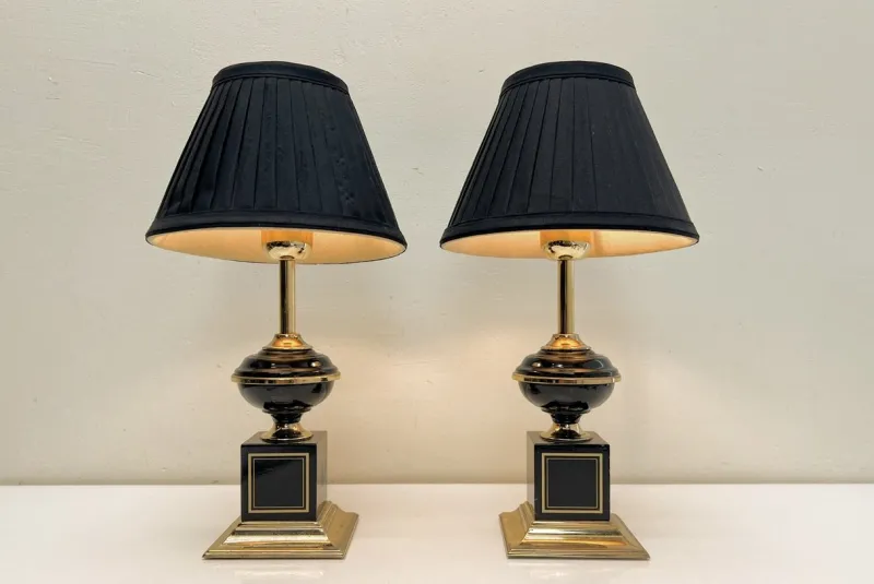New Pamono Regency Brass and Black Table Lamps in the style of Le Dauphin, 1970s, Set of 2