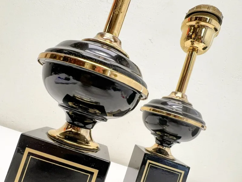 New Pamono Regency Brass and Black Table Lamps in the style of Le Dauphin, 1970s, Set of 2
