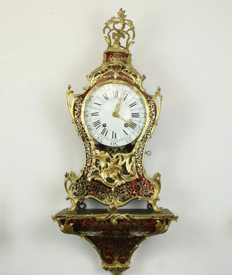 Pamono Regency or Louis XV Boulle Cartel Clock on Console by Gribelin, Paris, Early 18th Century, Set of 2> Clocks