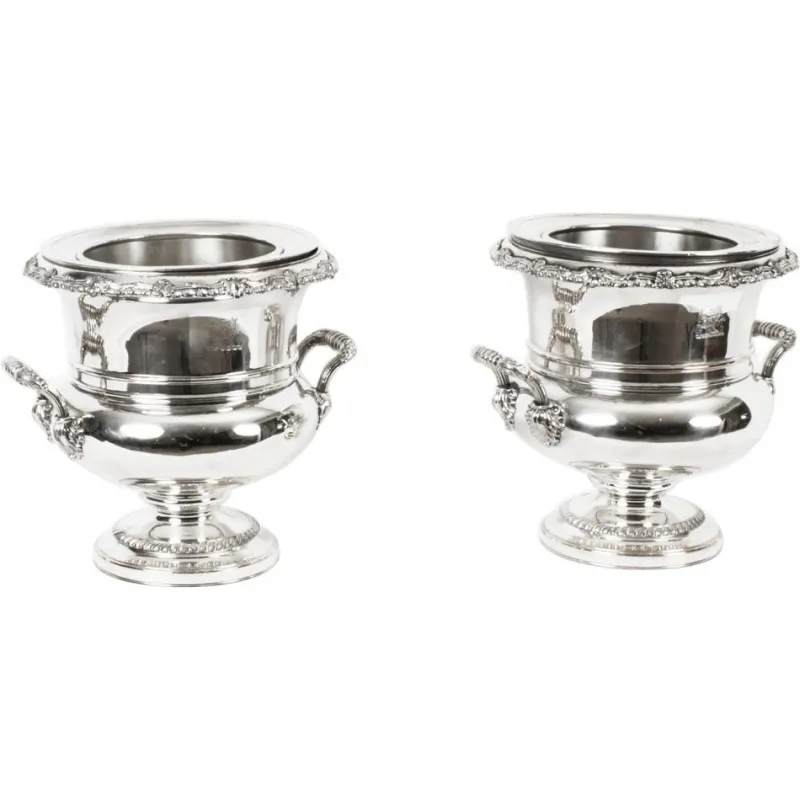 Outlet Pamono Regency Wine Coolers in Old Sheffield Plate with Hise Crest, 19th Century, Set of 2