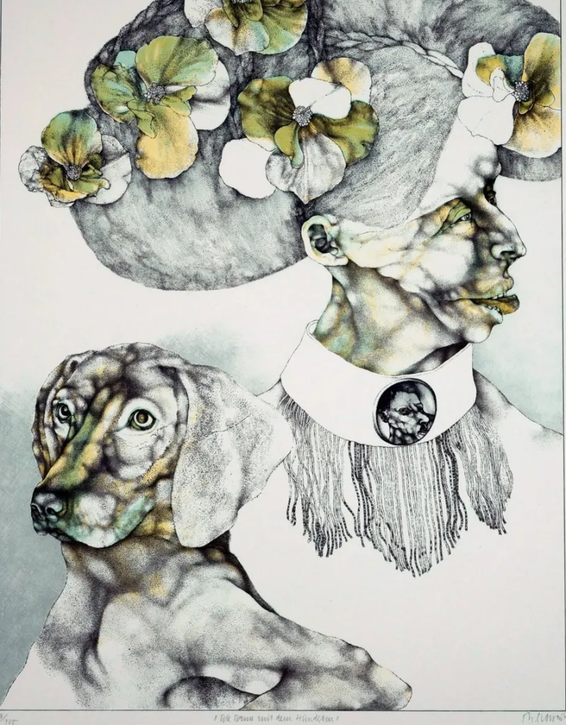 Pamono Reiner Schwarz, The Lady with the Dog, 1971, Lithograph> Surrealist