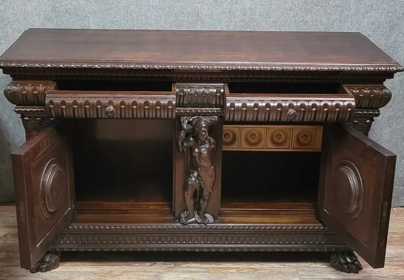 Pamono Renaissance Style Sideboard with Secret Compartments in Walnut and Elm, 19th Century> Sideboards & Buffets