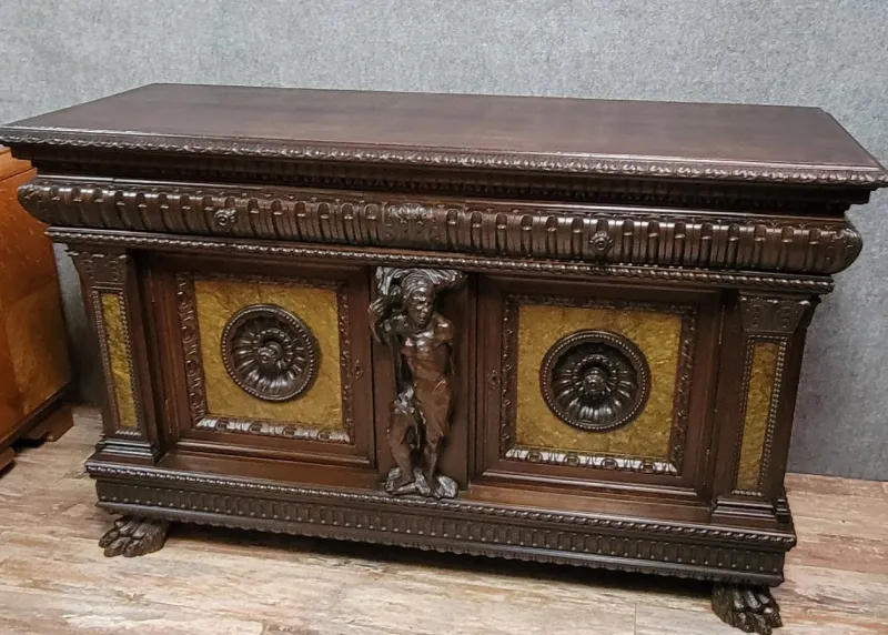 Pamono Renaissance Style Sideboard with Secret Compartments in Walnut and Elm, 19th Century> Sideboards & Buffets