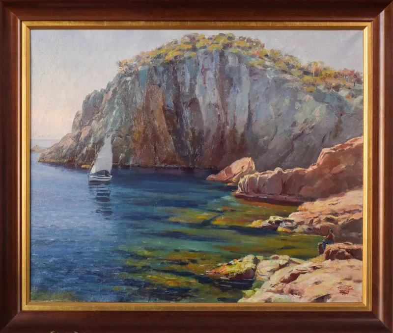 Pamono Ricard Tarrega Viladoms, Spanish Cala Landscape, Mid-20th Century, Oil on Canvas> Impressionist