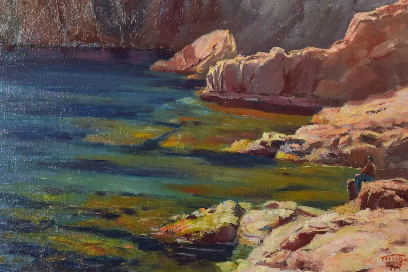 Pamono Ricard Tarrega Viladoms, Spanish Cala Landscape, Mid-20th Century, Oil on Canvas> Impressionist