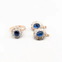 Pamono Ring and Earrings in 14 Karat Gold with Blue Spinels, Set of 3