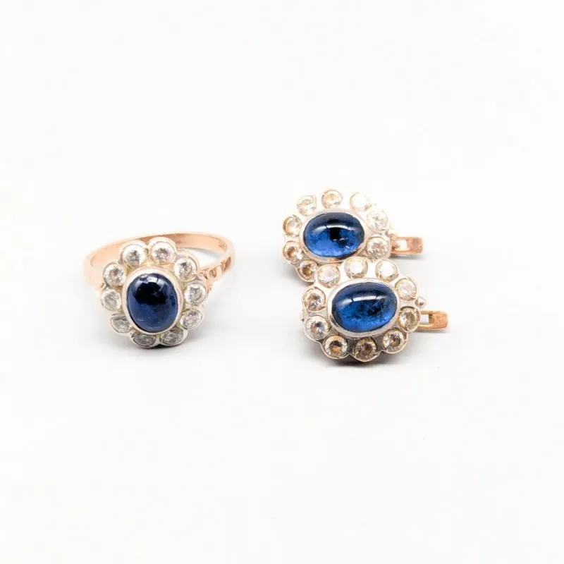 Pamono Ring and Earrings in 14 Karat Gold with Blue Spinels, Set of 3